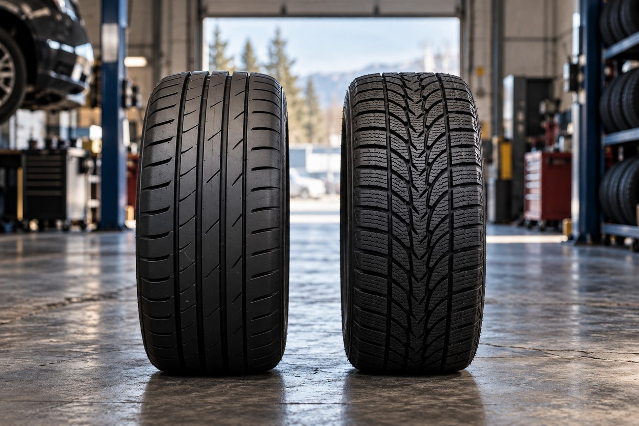A summer performance tire with a shallow tread stands next to a deep-grooved winter tire inside an auto repair shop