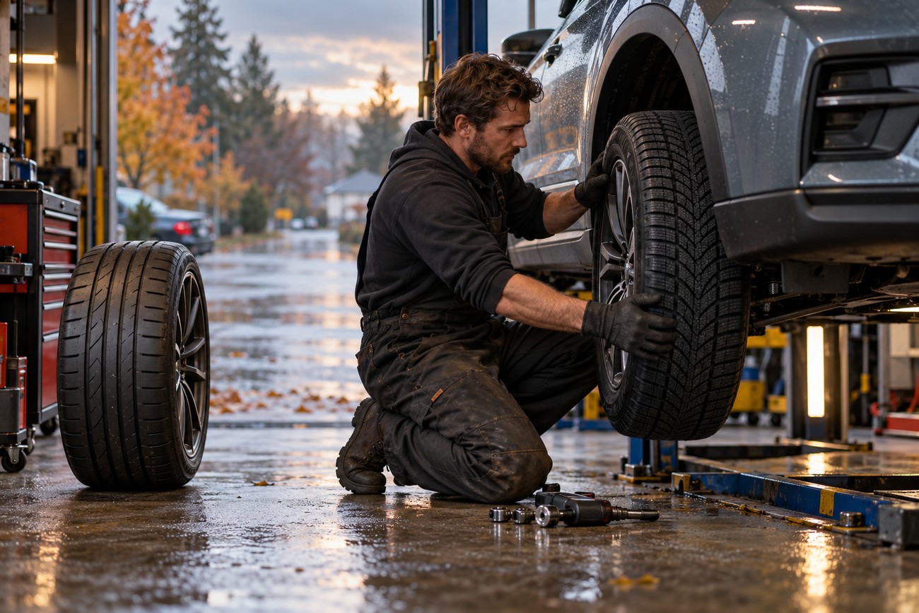 Mechanic kneeling in an auto repair shop while changing a car tire on a lift