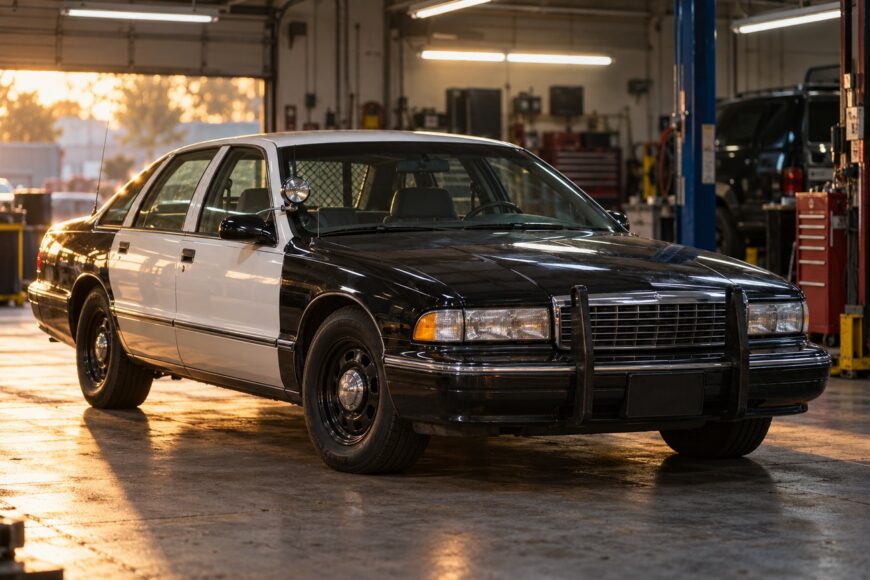 Black and white Chevrolet Caprice 9C1 police package sedan parked inside a professional repair garage during sunset