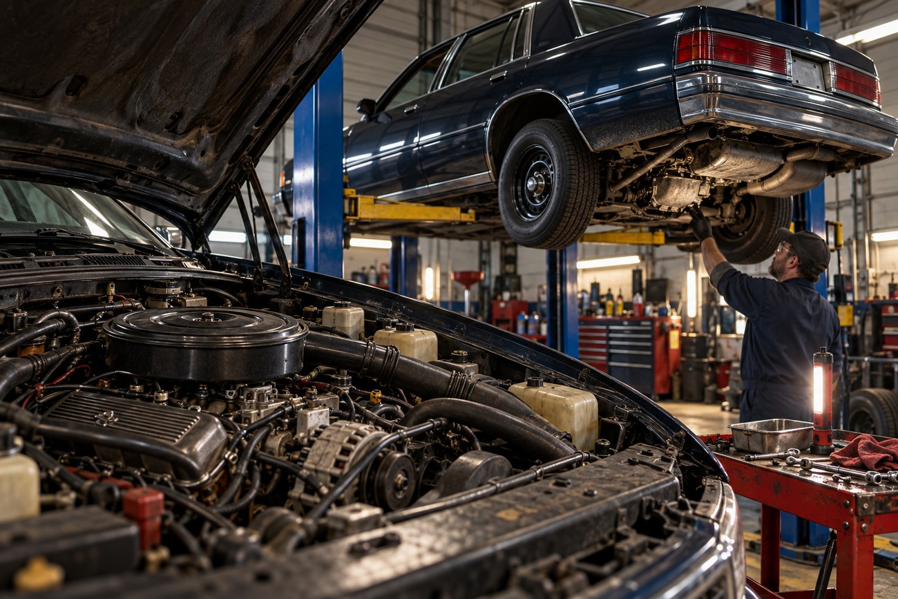 A mechanic in uniform inspecting the undercarriage of a dark blue Chevrolet Caprice 9C1 sedan lifted on a hydraulic hoist inside a busy auto repair shop