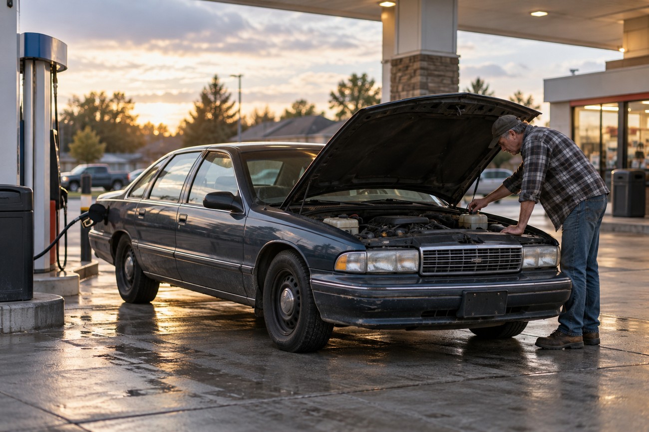 A man in a plaid shirt checking the engine under the open hood of a dark Chevrolet Caprice 9C1 police package sedan parked at a gas station
