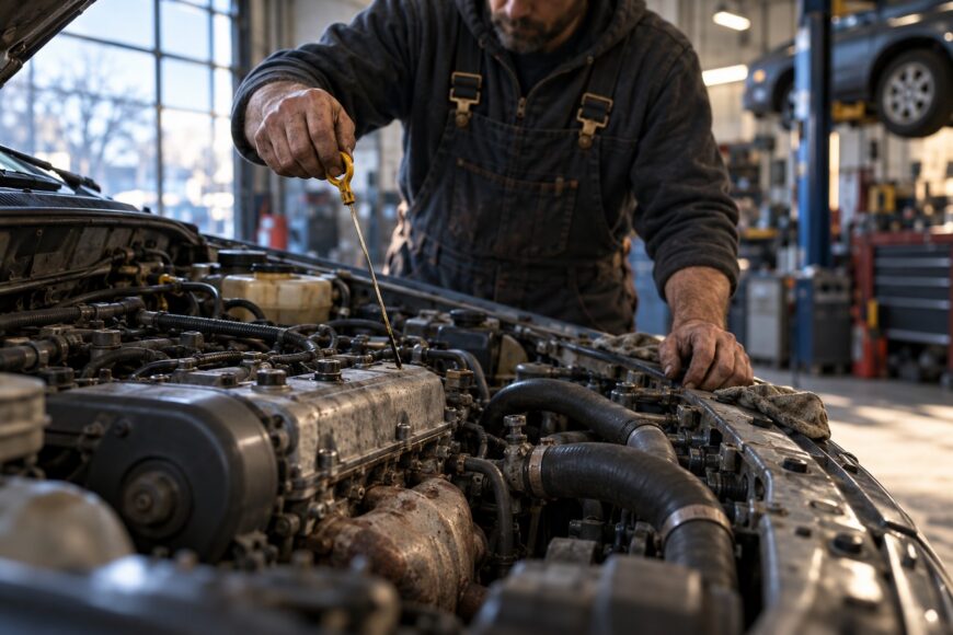 A mechanic in overalls checks the oil level with a dipstick inside a car engine bay at a repair shop