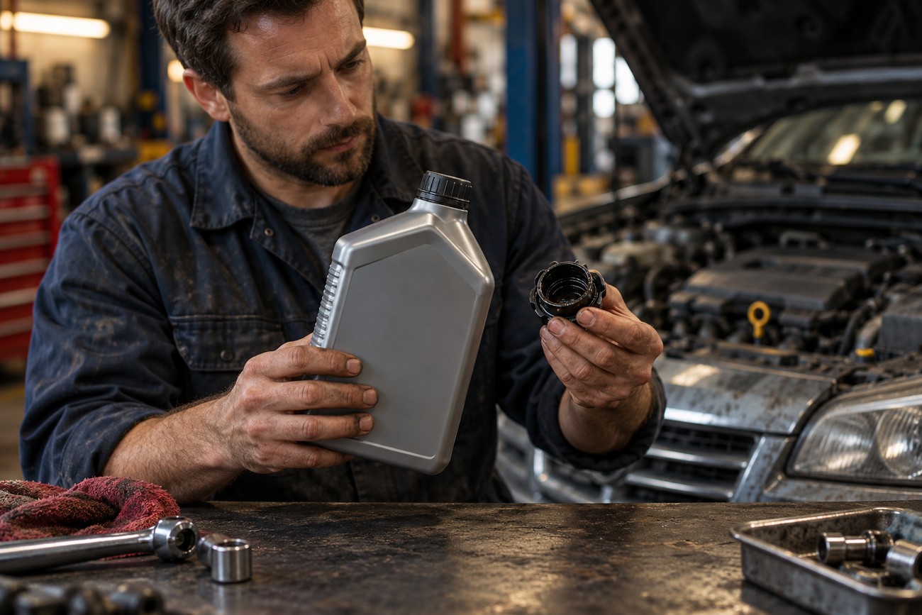 Mechanic in a workshop holding a plastic bottle of motor oil with the cap removed in front of a car with an open hood
