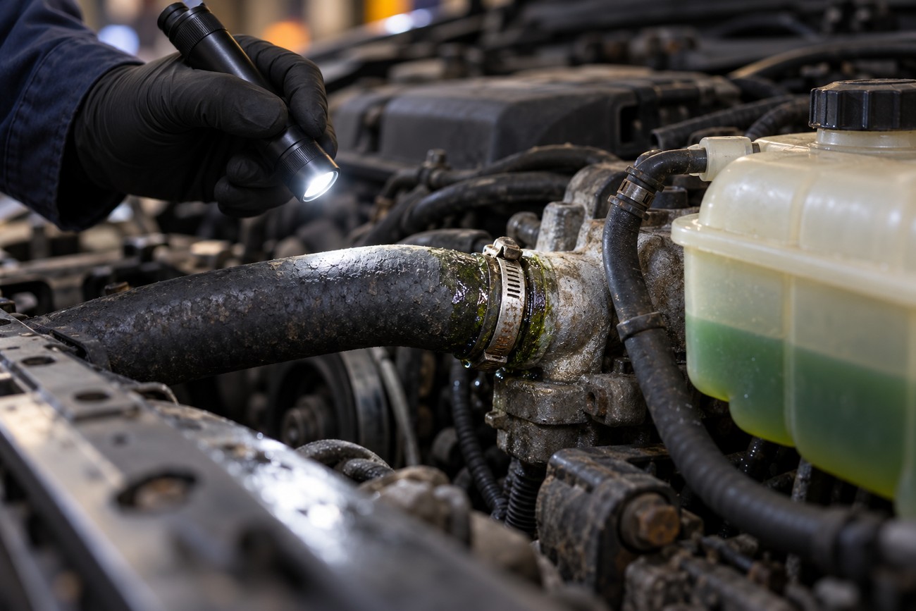Mechanic wearing black gloves inspects a high-mileage car engine with a flashlight focusing on a leaking coolant hose