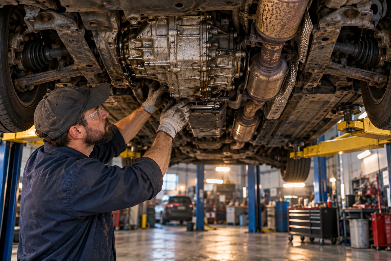 A mechanic wearing work gloves and safety glasses inspecting the engine underbody of a car on a lift in a repair shop