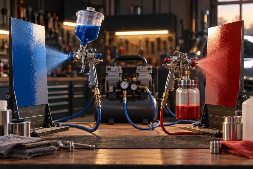 A gravity feed spray gun spraying blue paint and a siphon feed spray gun spraying red paint in a workshop