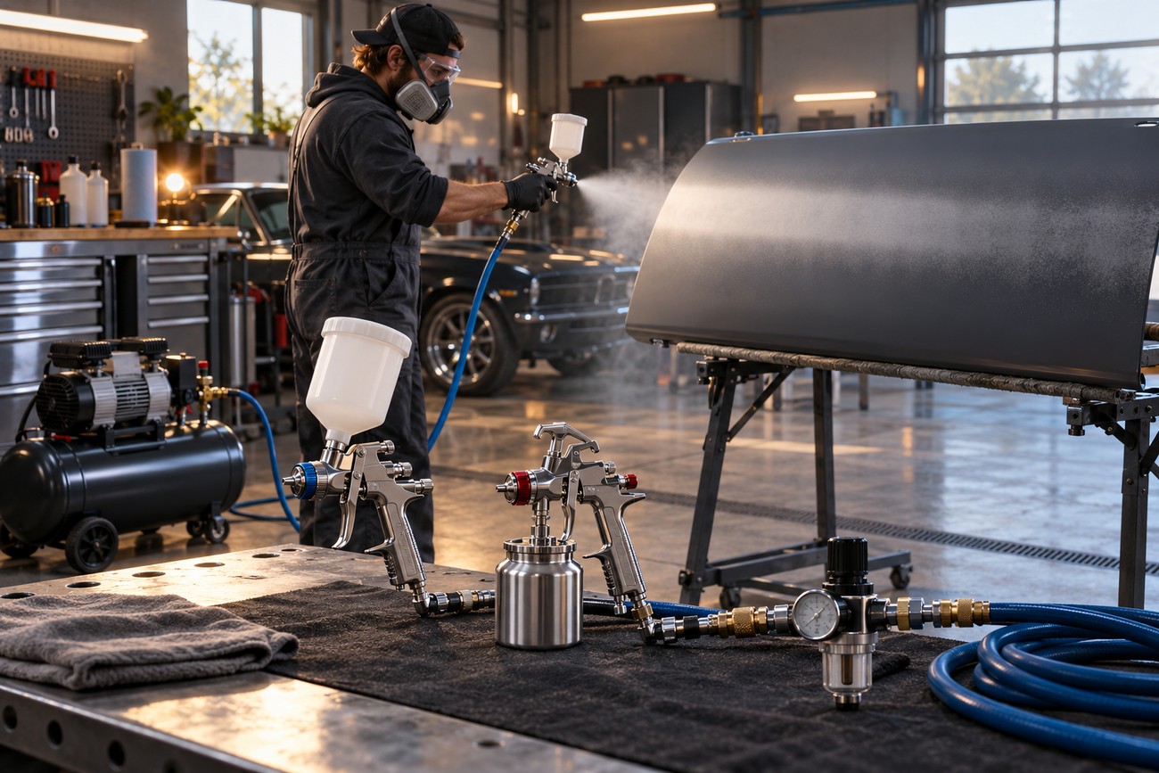 A technician paints a car panel in a workshop with spray guns on the workbench in the foreground