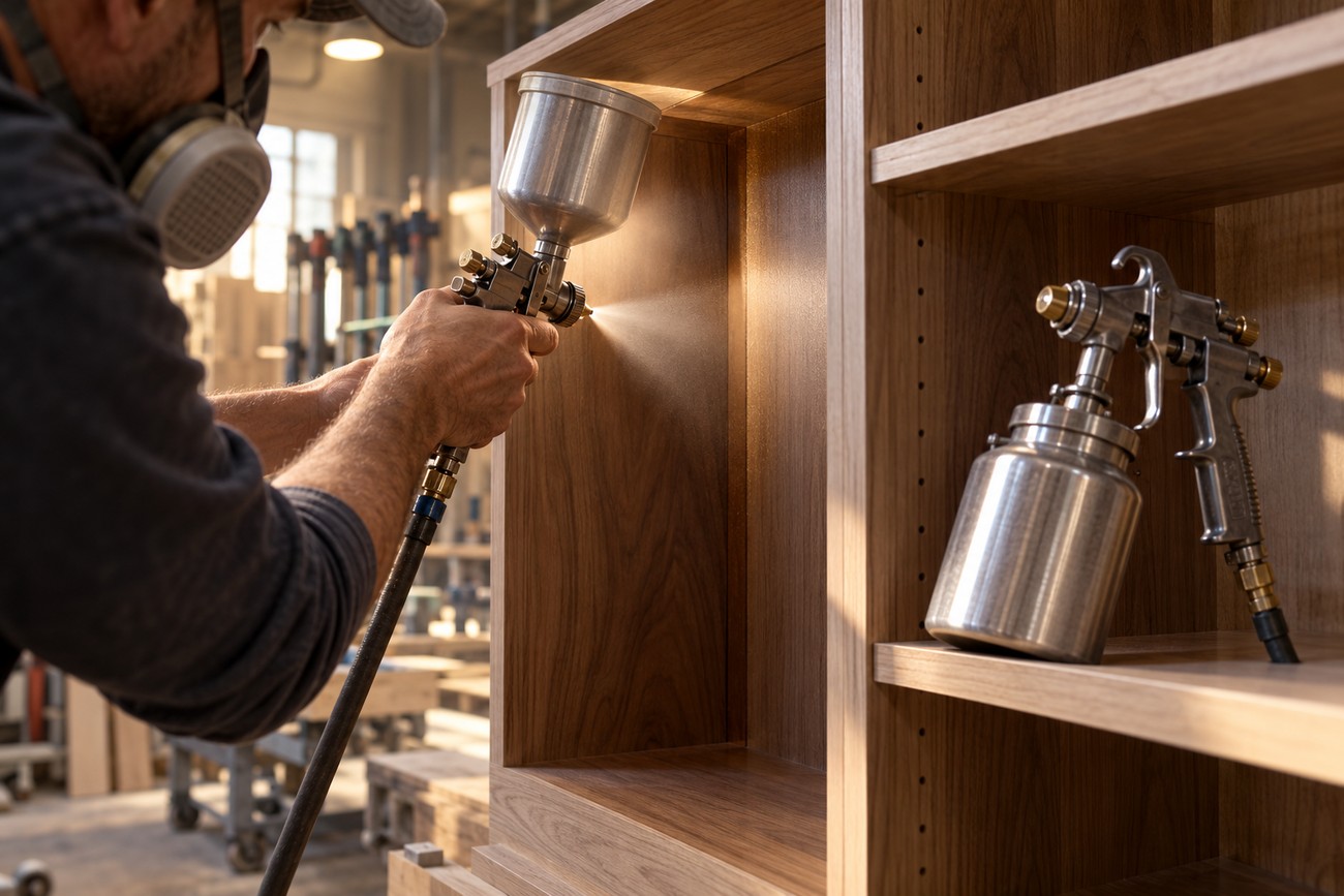 A woodworker wearing a respirator uses a gravity feed spray gun on a wooden shelf next to a siphon feed spray gun