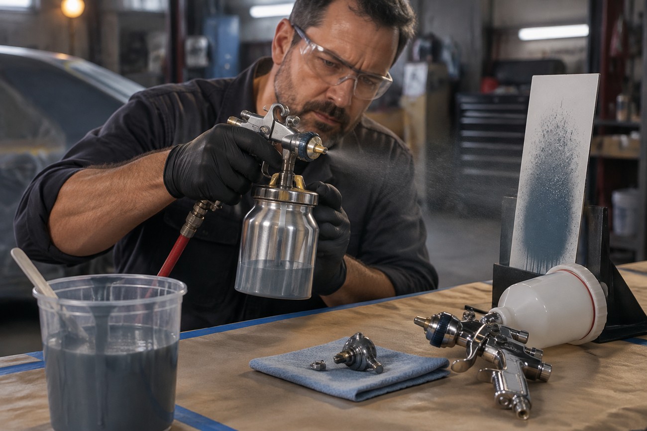 A technician wearing safety glasses and gloves testing a siphon feed spray gun in an auto body workshop