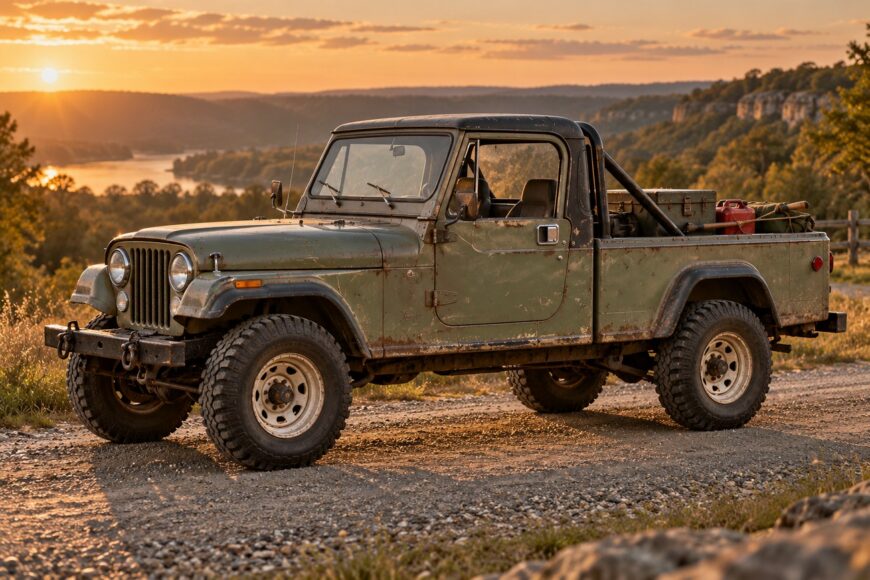 Classic green Jeep CJ-8 Scrambler parked on a gravel road during sunset with a scenic river valley in the background