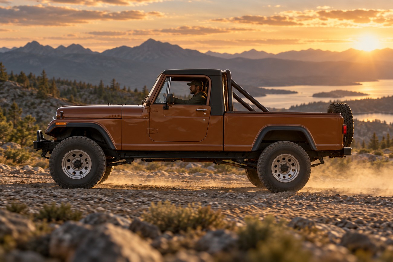 A brown Jeep CJ-8 Scrambler drives on a rocky mountain trail during a scenic sunset with a lake in the background