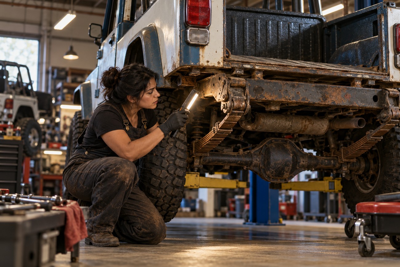Female mechanic in overalls using a flashlight to inspect the rear suspension of a Jeep CJ-8 Scrambler in a garage
