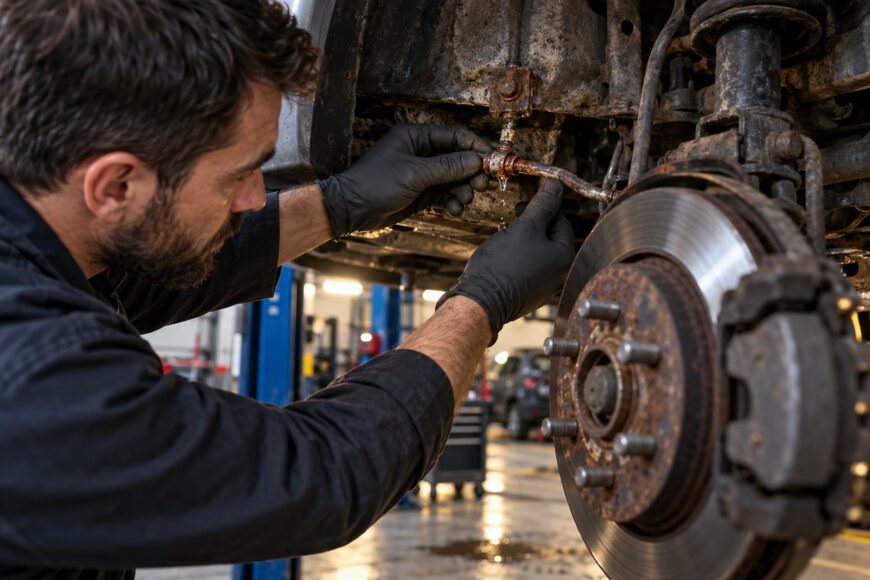 A mechanic wearing black gloves examines a leaking and rusted brake line near the wheel assembly of a vehicle in an auto repair shop