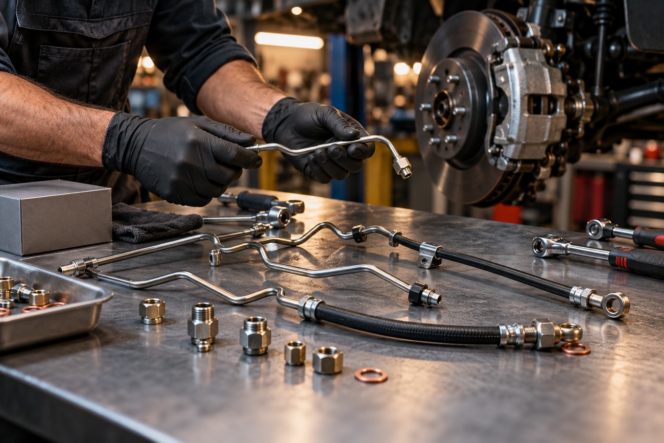 Mechanic wearing black gloves holding a metal brake line above a workbench with various automotive fittings and tools