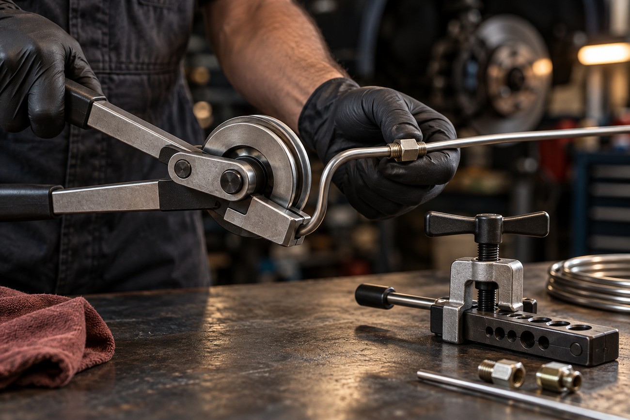 Mechanic in black gloves bending a metal brake line with a manual tool at a workbench