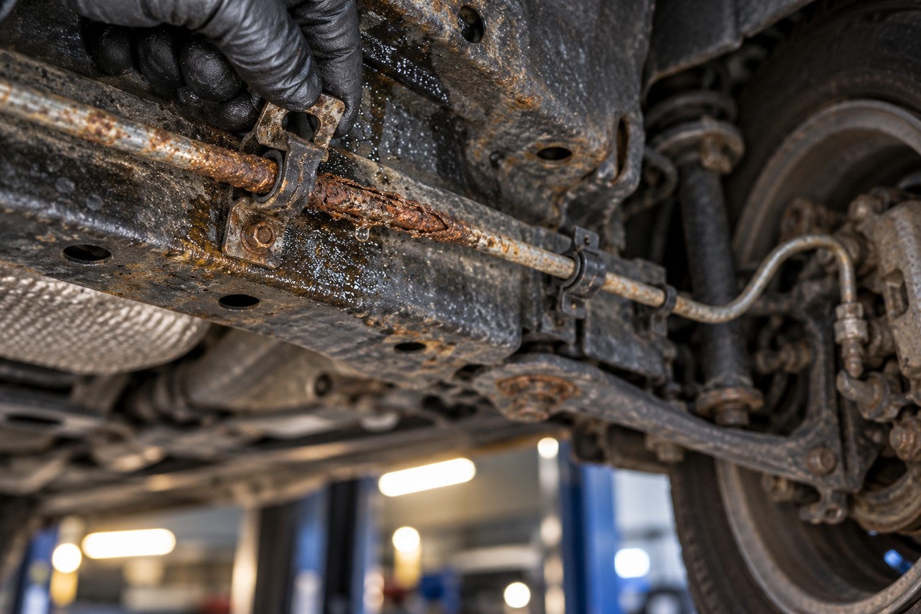 A mechanic in black gloves inspecting a severely rusted and leaking brake line under a car chassis
