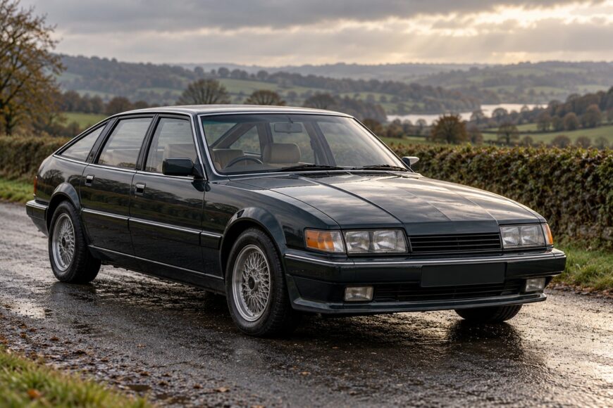 Dark green Rover SD1 Vitesse classic car parked on a wet country road with scenic hills in the background
