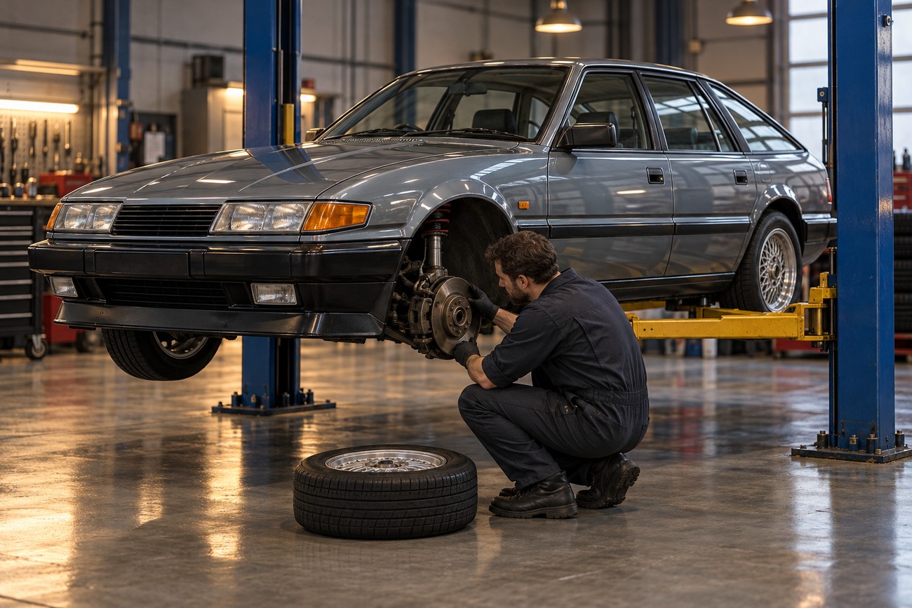Mechanic in overalls inspecting the front brake and suspension of a classic grey Rover SD1 Vitesse lifted on a hydraulic hoist in a brightly lit auto repair shop