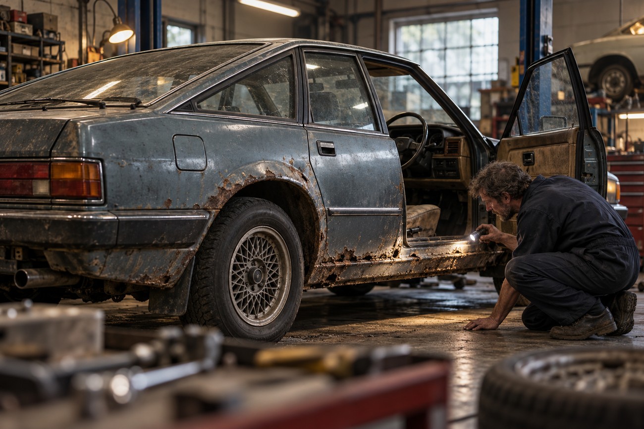 A mechanic in overalls inspects the rusty side sill of a classic Rover SD1 Vitesse with a flashlight in a garage