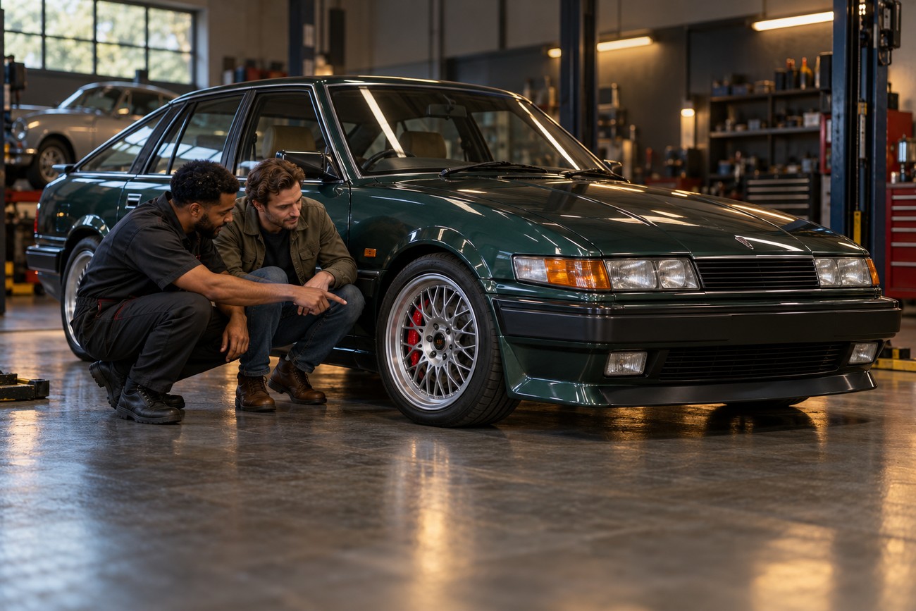 Two men crouch down to inspect the front wheel and brake calipers of a dark green Rover SD1 Vitesse parked inside a bright auto repair garage