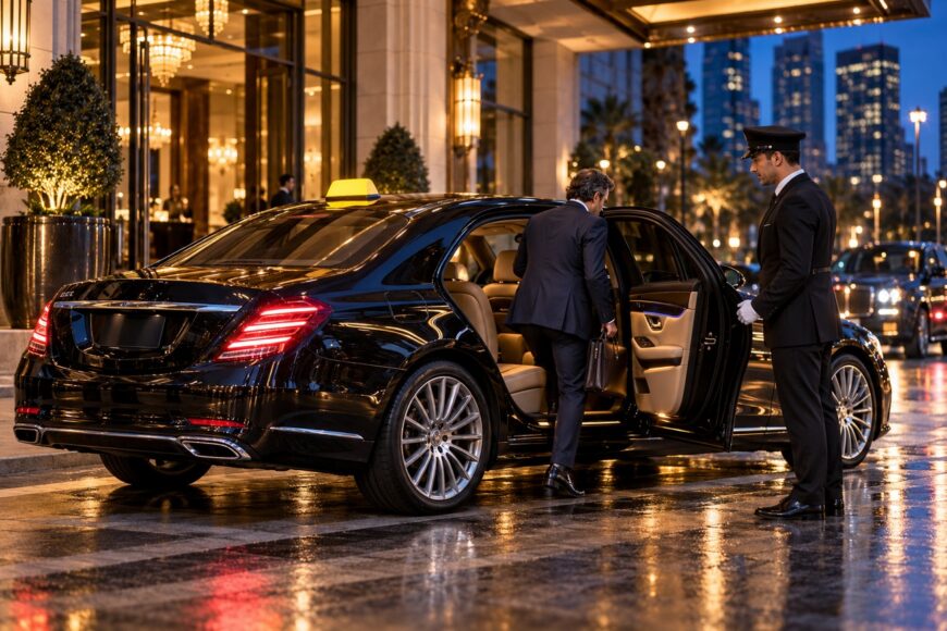 A businessman entering a black Mercedes S-Class luxury taxi at a hotel entrance with a chauffeur holding the door