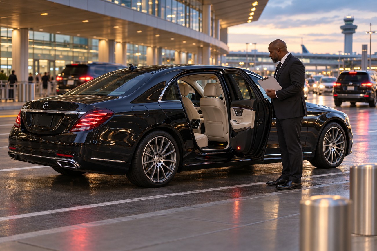 A professional chauffeur in a black suit standing by an open door of a black Mercedes S-Class taxi at an airport terminal