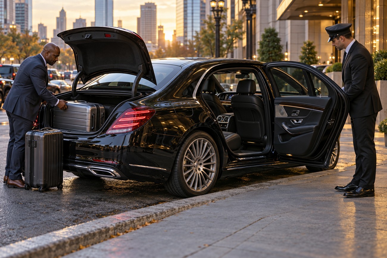 A chauffeur in a suit loading luggage into the open trunk of a luxury black Mercedes S-Class parked on a city street