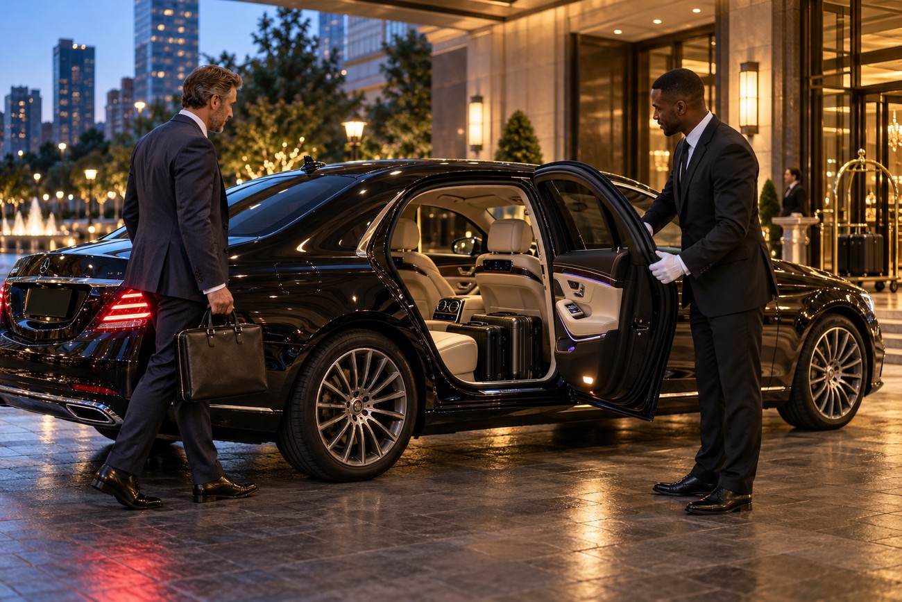Hotel valet in uniform opening the door of a black Mercedes S-Class luxury taxi for a businessman with a briefcase