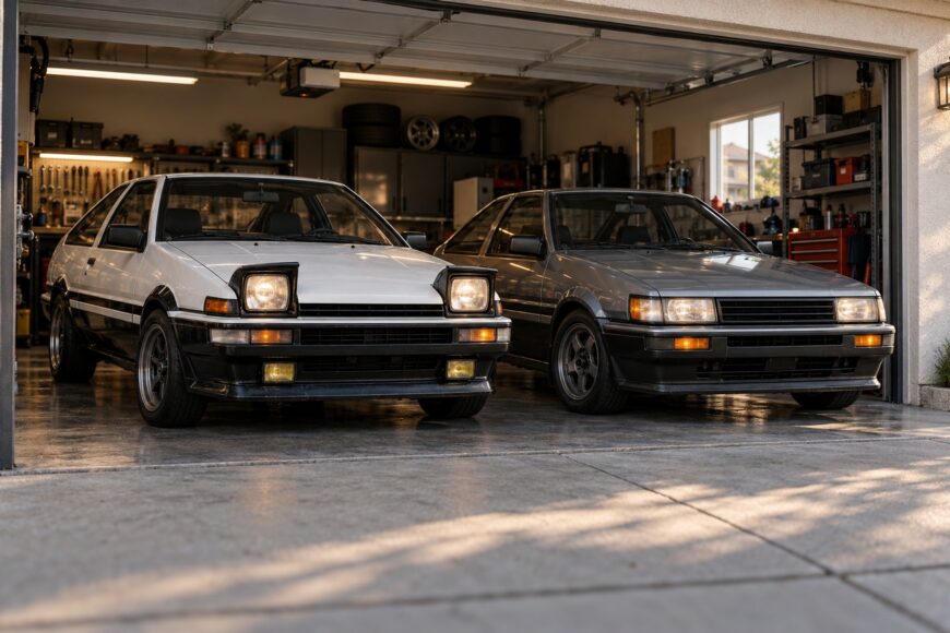 A white Toyota Sprinter Trueno with pop-up headlights parked next to a grey Toyota Corolla Levin inside a bright home garage