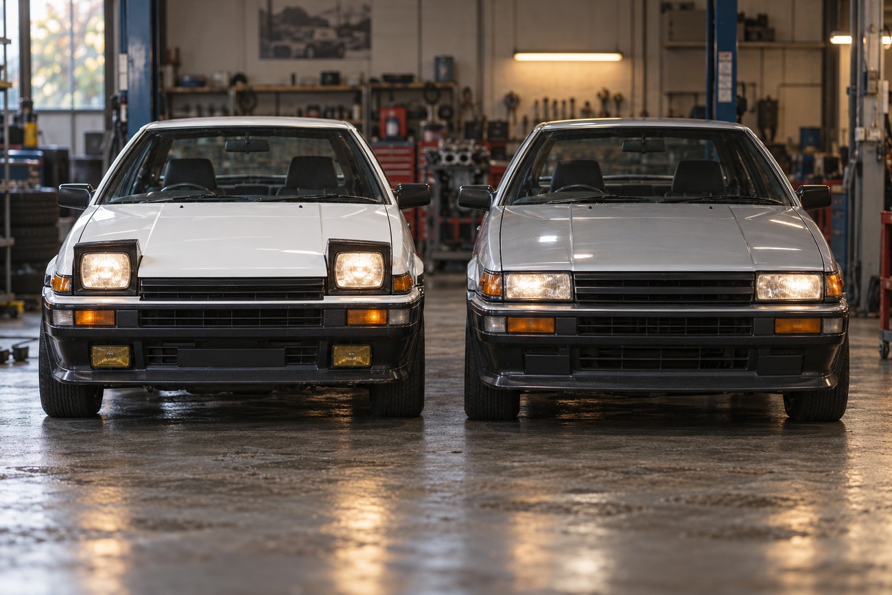 A white Toyota Sprinter Trueno with pop-up headlights and a silver Toyota Corolla Levin parked side by side in a garage