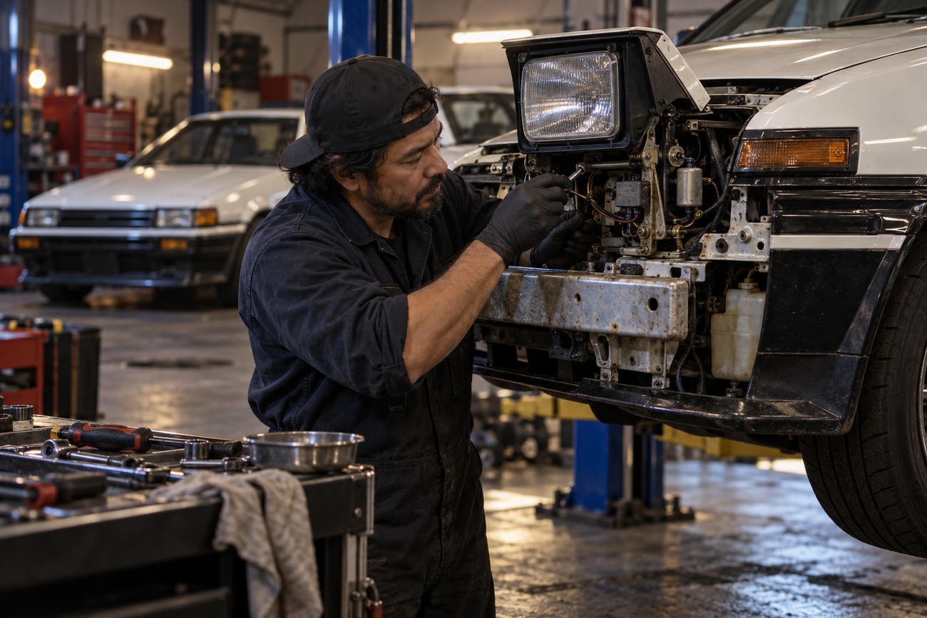 Mechanic in black overalls repairs the pop-up headlight of a white Toyota Sprinter Trueno in a garage workshop
