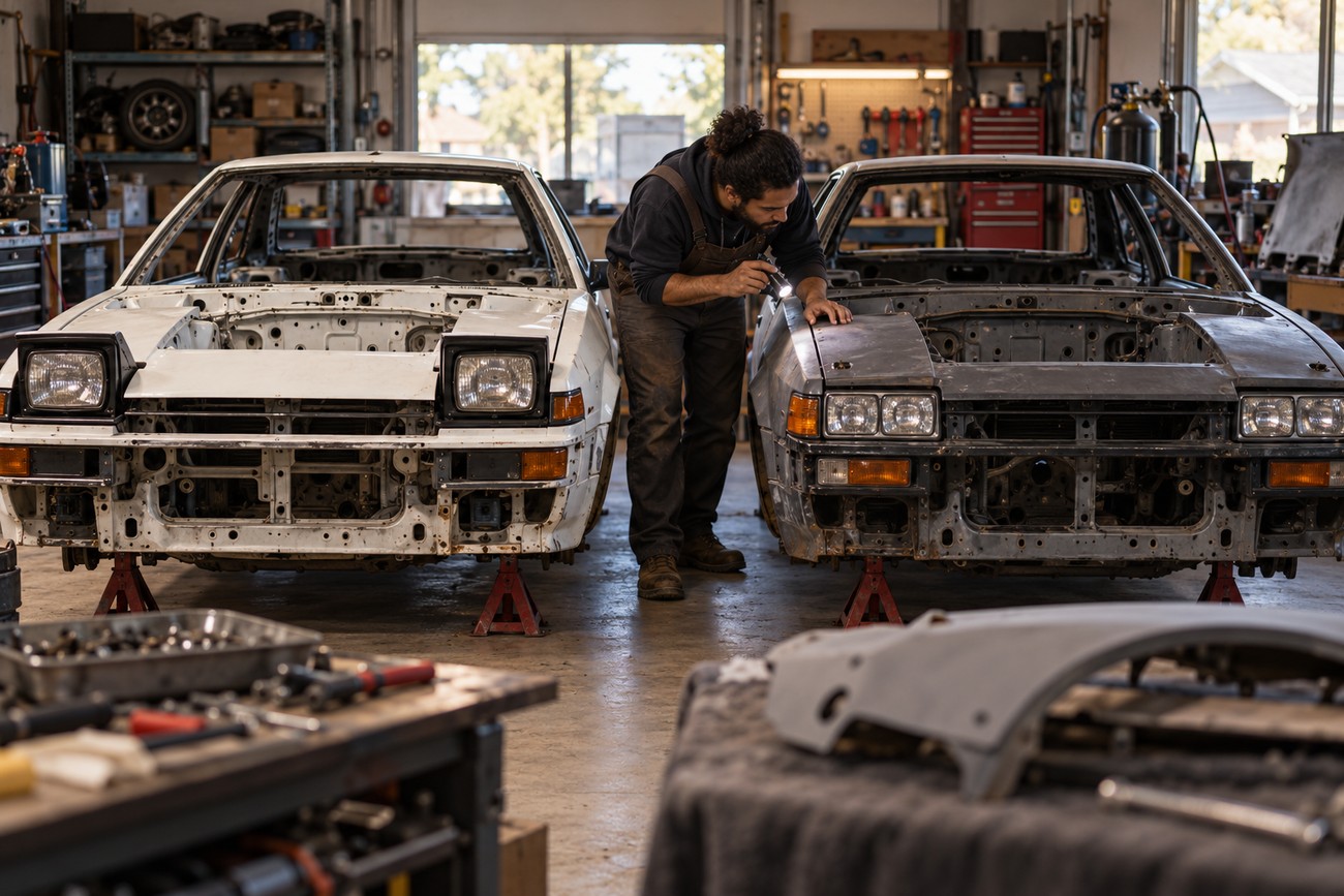 A mechanic inspects the front end of a Toyota Sprinter Trueno and Corolla Levin undergoing restoration in a garage