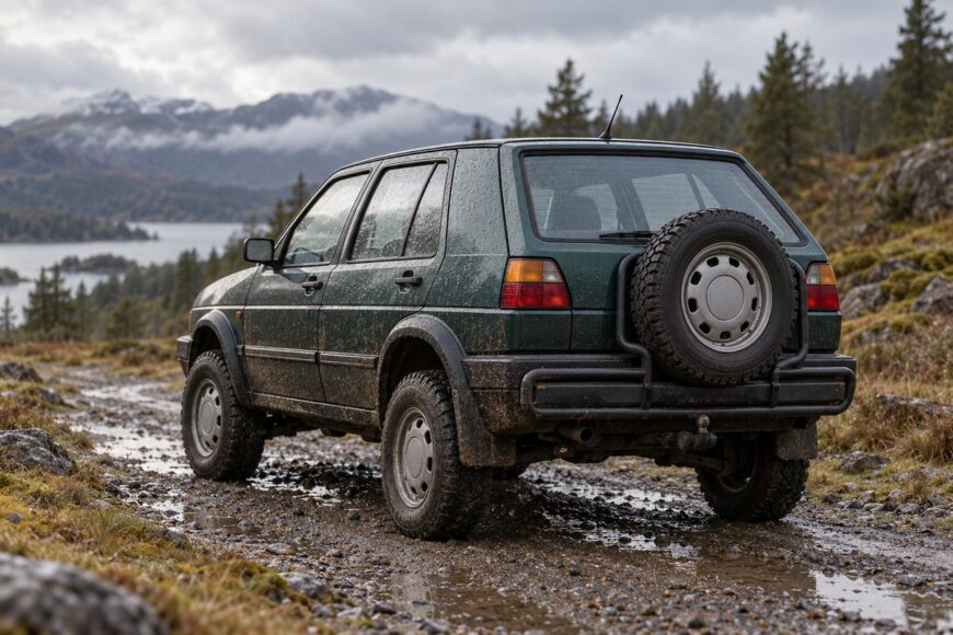 Dark green Volkswagen Golf Country parked on a wet rocky trail with mountain landscape in the background