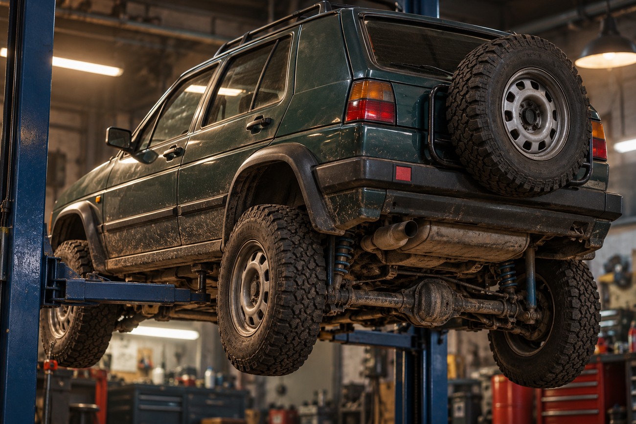 Dark green Volkswagen Golf Country raised on a hydraulic lift in a garage, displaying lifted suspension and off-road tires