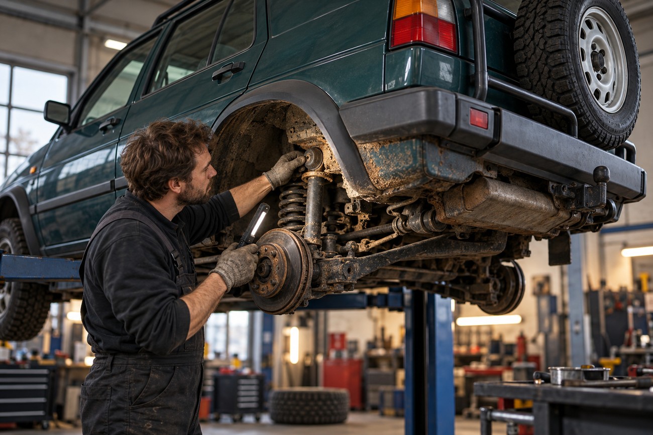 A mechanic in overalls inspecting the muddy rear suspension of a lifted Volkswagen Golf Country in a repair shop