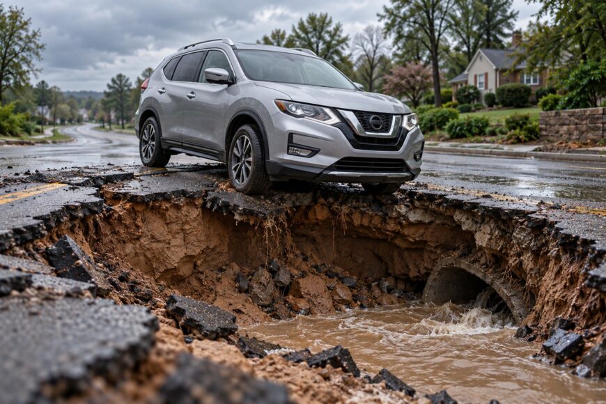 A silver Nissan Rogue teeters dangerously on the edge of a massive sinkhole with rushing water on a residential street