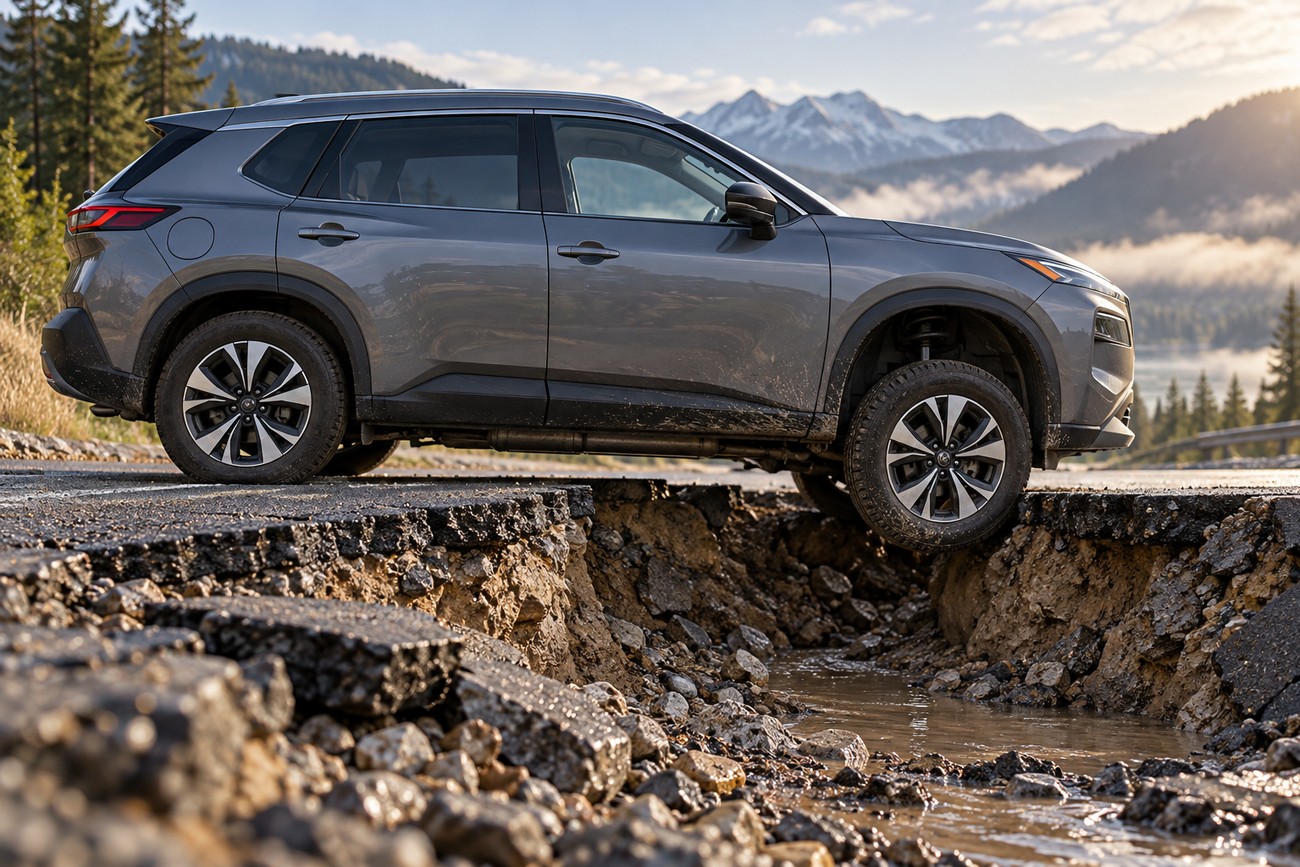 Gray Nissan Rogue stalled over a dangerous road sinkhole with broken asphalt and water running through the cavity