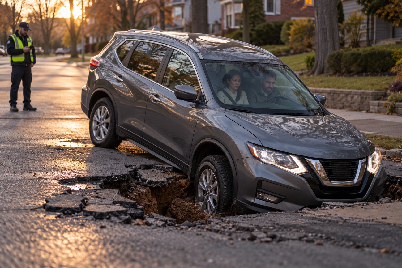 A gray Nissan Rogue trapped with its front end sunken into a sudden asphalt sinkhole on a suburban street
