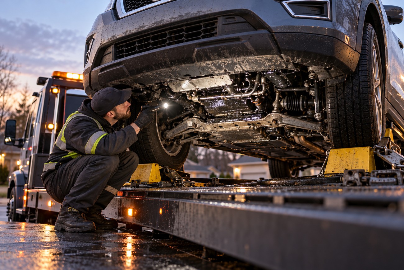 A mechanic inspecting the muddy undercarriage of a Nissan Rogue loaded on a tow truck with a flashlight