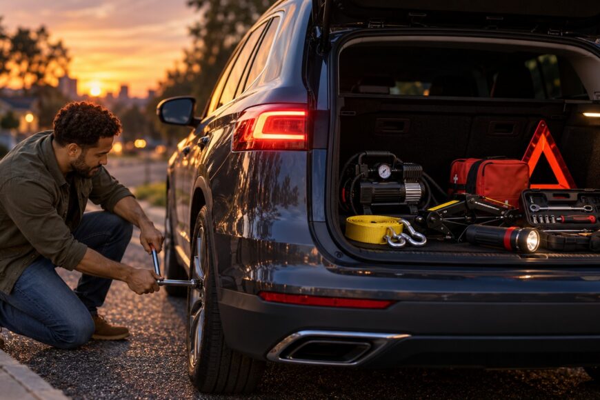 Man kneeling beside his car at sunset and using a wrench to change a flat tire with emergency gear visible in the open trunk