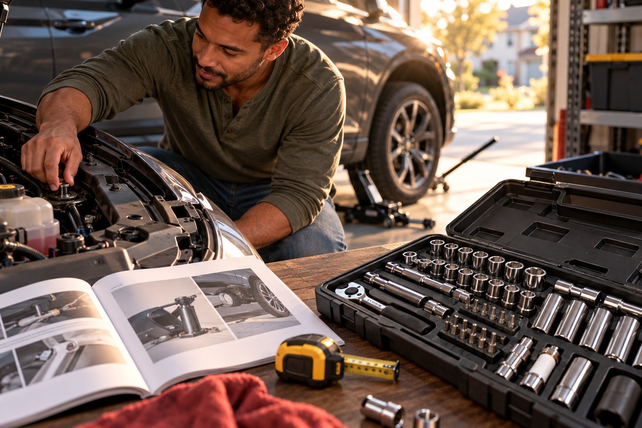 A man checking a car engine with a socket set and manual in a garage
