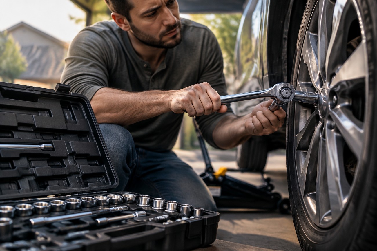 A man using a ratchet wrench to tighten lug nuts on a car wheel with an open tool kit nearby