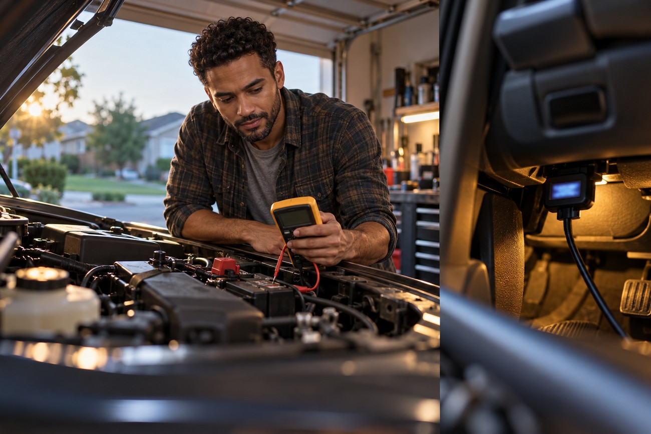 A focused man in a garage uses a multimeter to inspect a car battery with the hood open