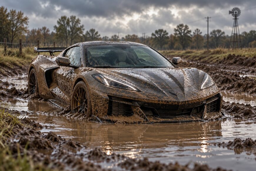 A muddy Chevrolet Corvette Z06 sports car stuck in a wet mud bog in an open field