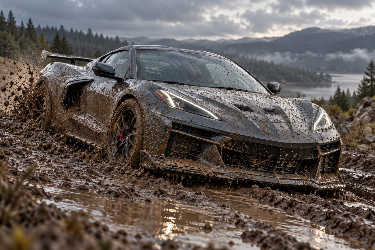 A dark Chevrolet Corvette Z06 covered in mud driving through a muddy off-road terrain with mountains and a lake in the background