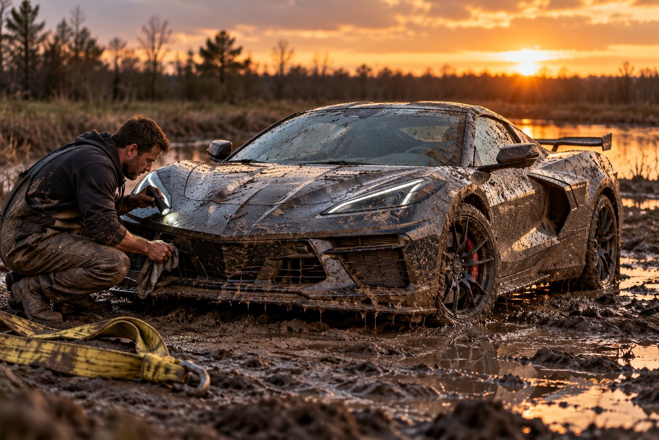 A man using a flashlight to inspect a muddy Chevrolet Corvette Z06 stuck in a swampy mud bog at sunset
