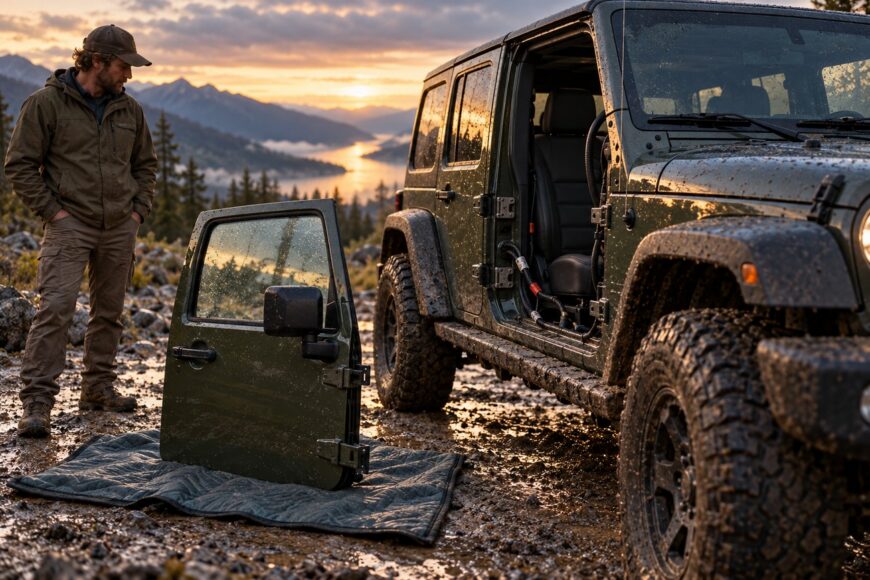 A man stands beside a muddy green Jeep Wrangler on a mountain trail with its door resting on a protective blanket on the ground