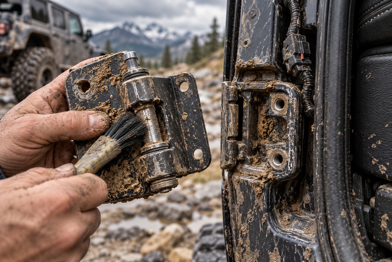 Close-up of hands cleaning a muddy Jeep Wrangler door hinge with a small brush near mountain background