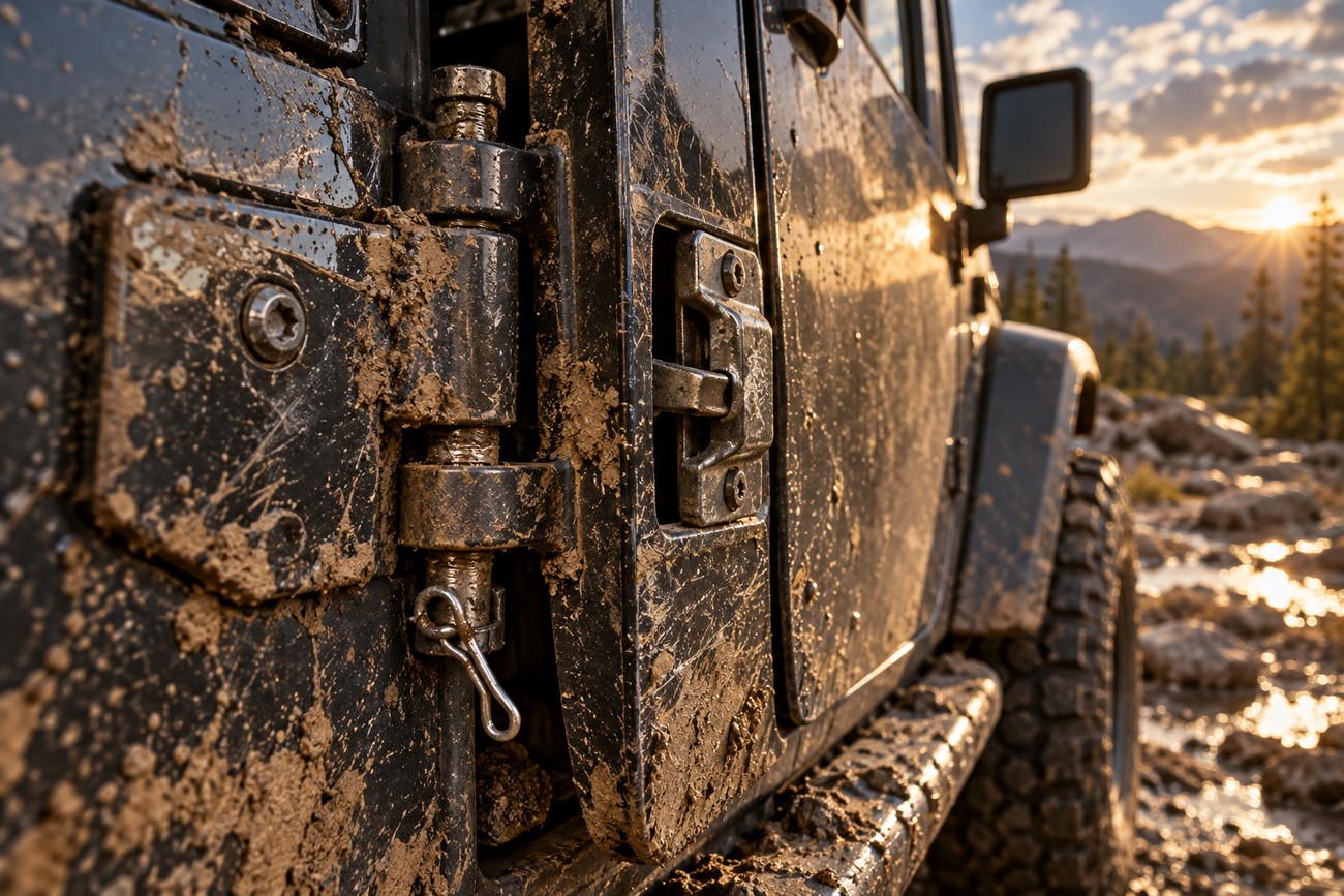 Close-up of a muddy door hinge and latch on a Jeep Wrangler parked on a rocky mountain trail at sunset