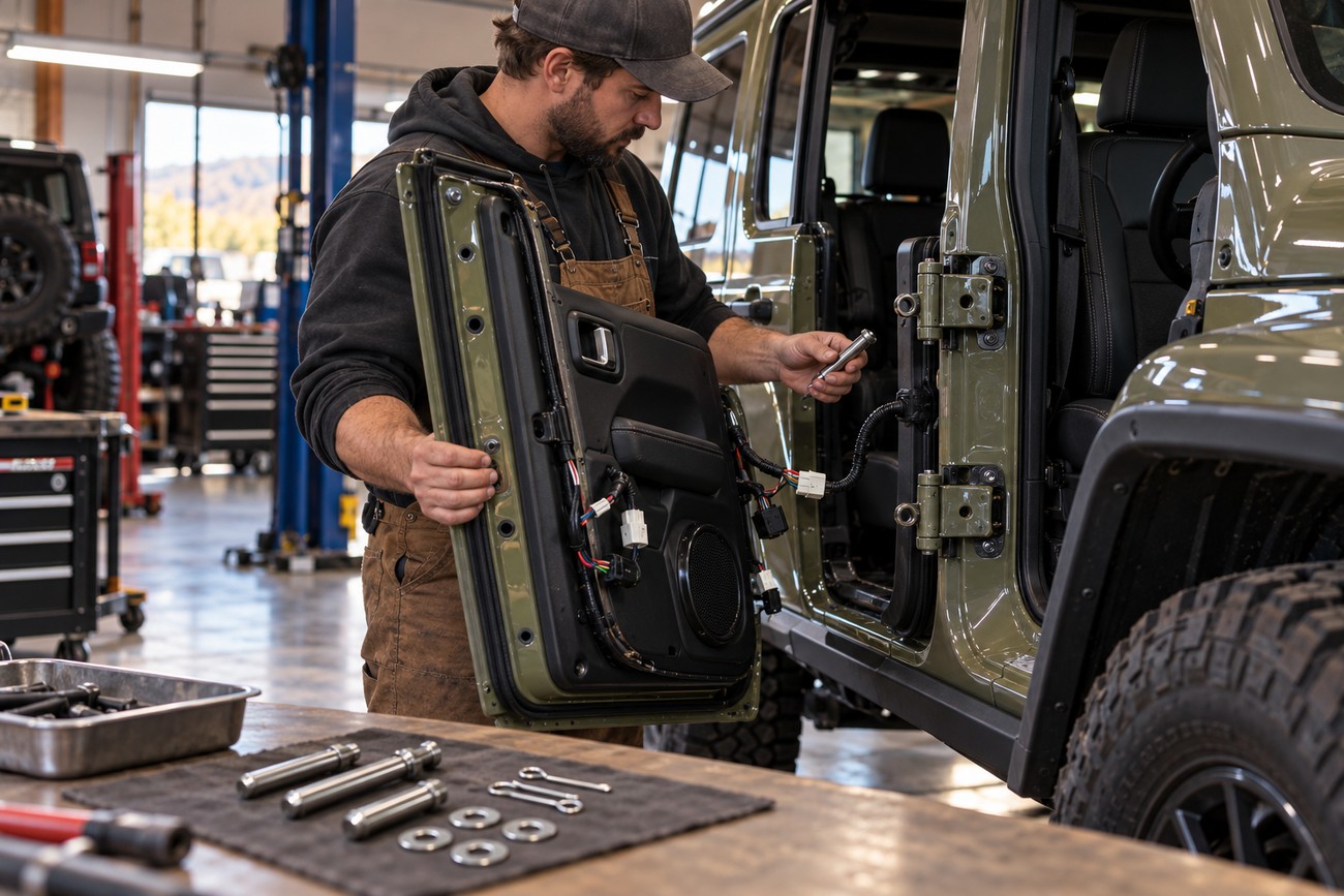 A mechanic in a garage holding the removed door of an olive green Jeep Wrangler near the vehicle body